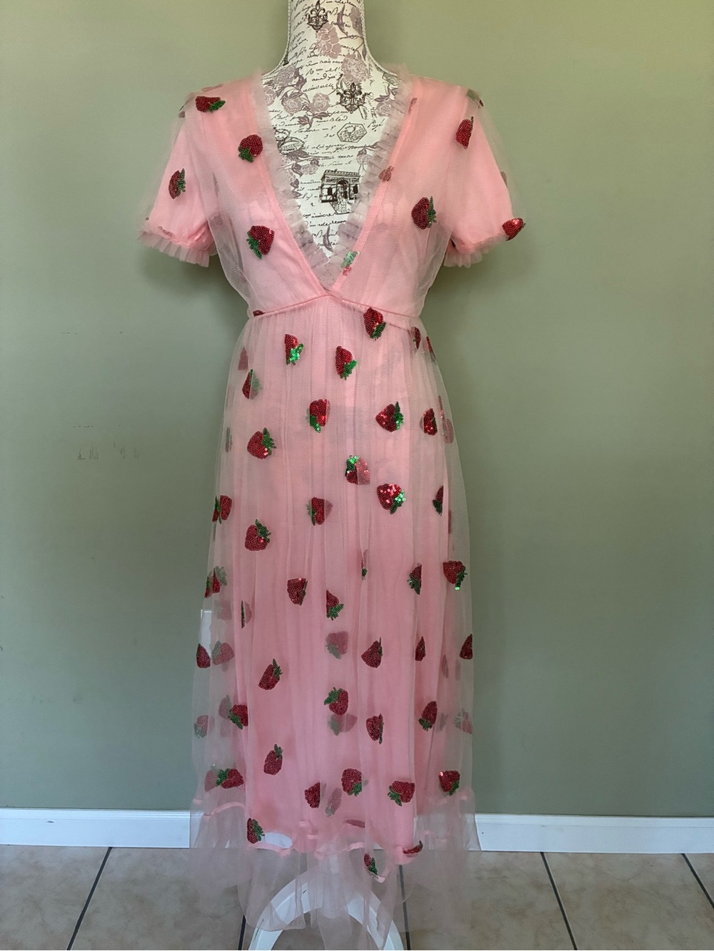 SHEIN Pink Strawberry Sequin Tulle Maxi Dress